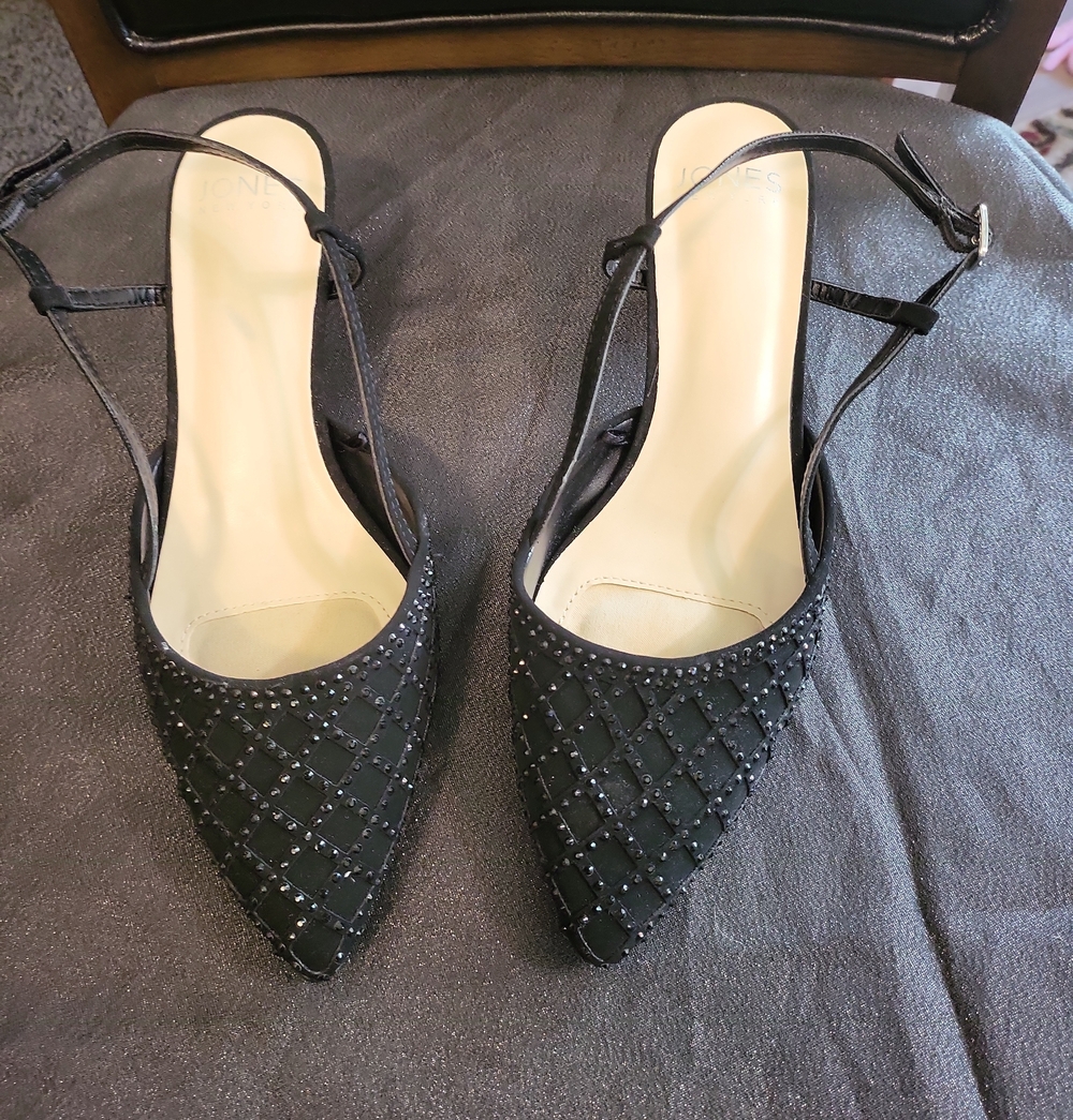 Jones New York Black Beaded Pointed-Toe Slingback Heels